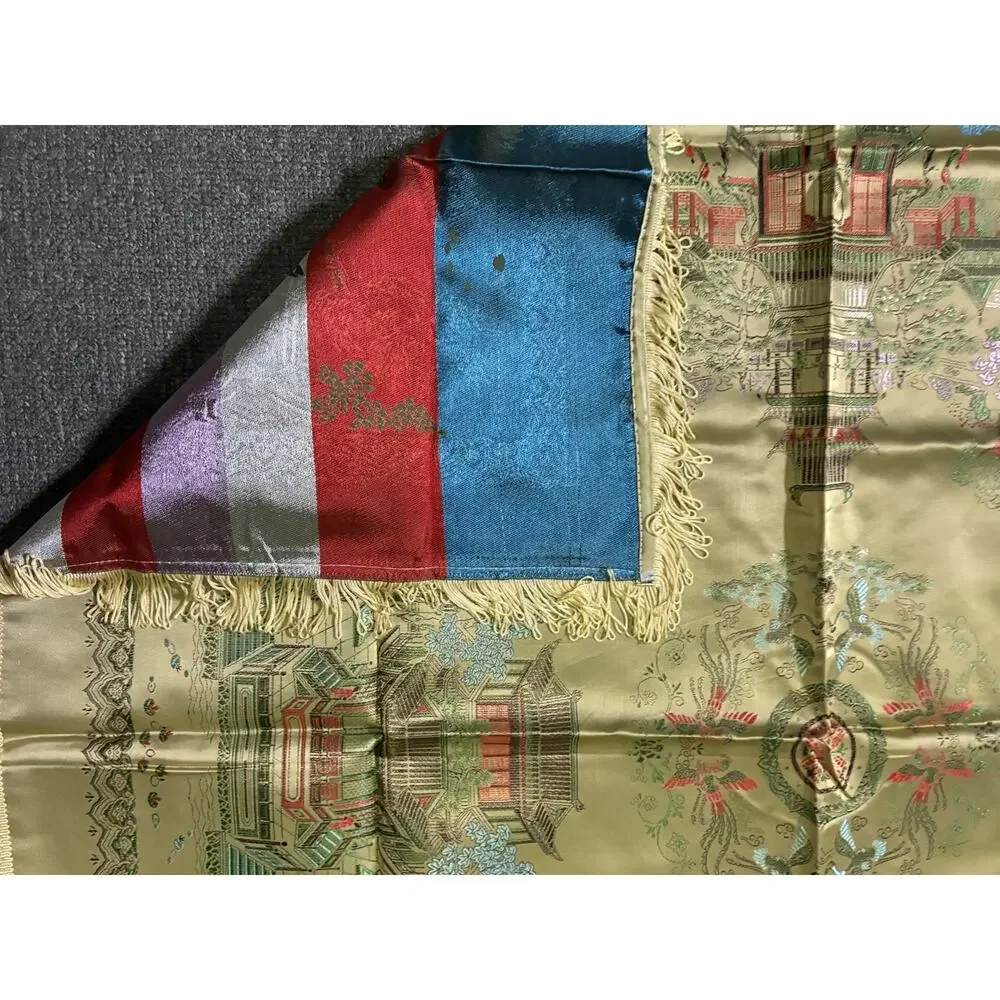Vintage Chinese Brocaded Flowers Silk Piano Shawl Table Topper 38” Square